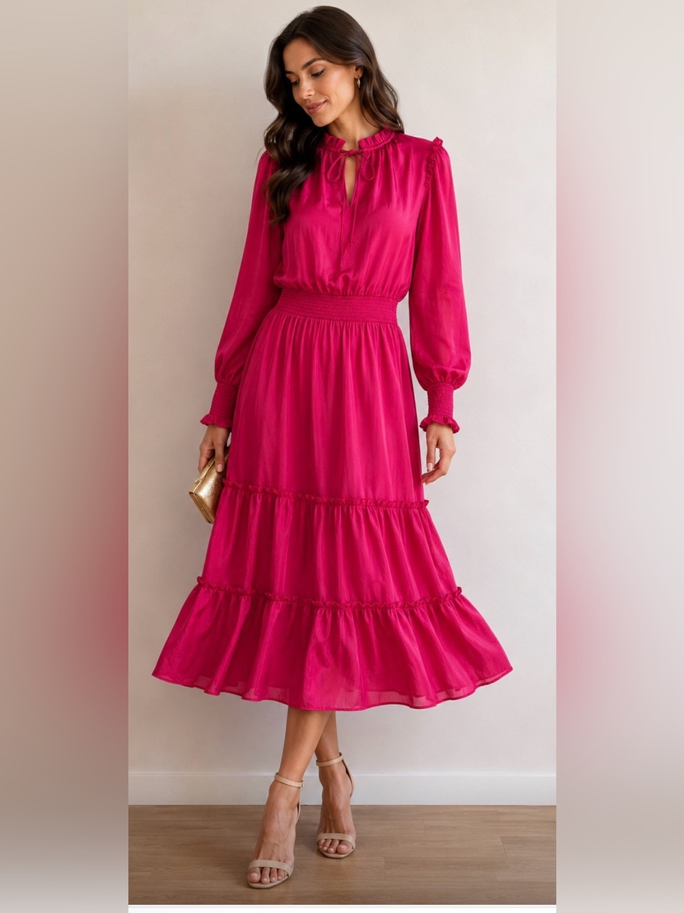 Sugarlips ladies Bright Fuchsia Long Sleeve Tiered midi Dress